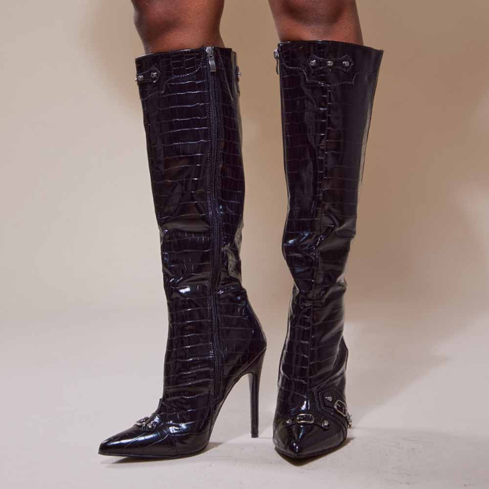 Black Patent Leather Closed Toe Stiletto Heel Knee High Winter Boots Nicepairs