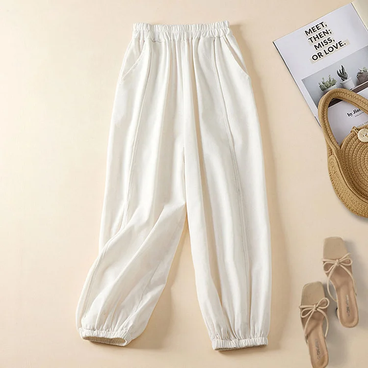 Solid color elastic waist cotton and linen casual harem pants