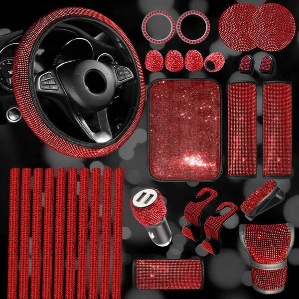 New 30Pcs Bling Car Accessories Set Auto Steering Wheel Seat Belt Shoulder Armrest Pad Shift Brake Cover Charger Hook