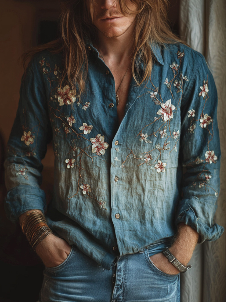 Japanese Style Dahlia Gradient Pattern Men's Linen Long-sleeved Shirt  artssus
