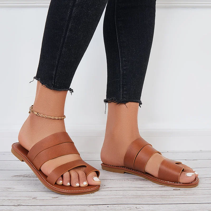 Wide Flat Slippers Round Open Toe Loop Slide Sandals