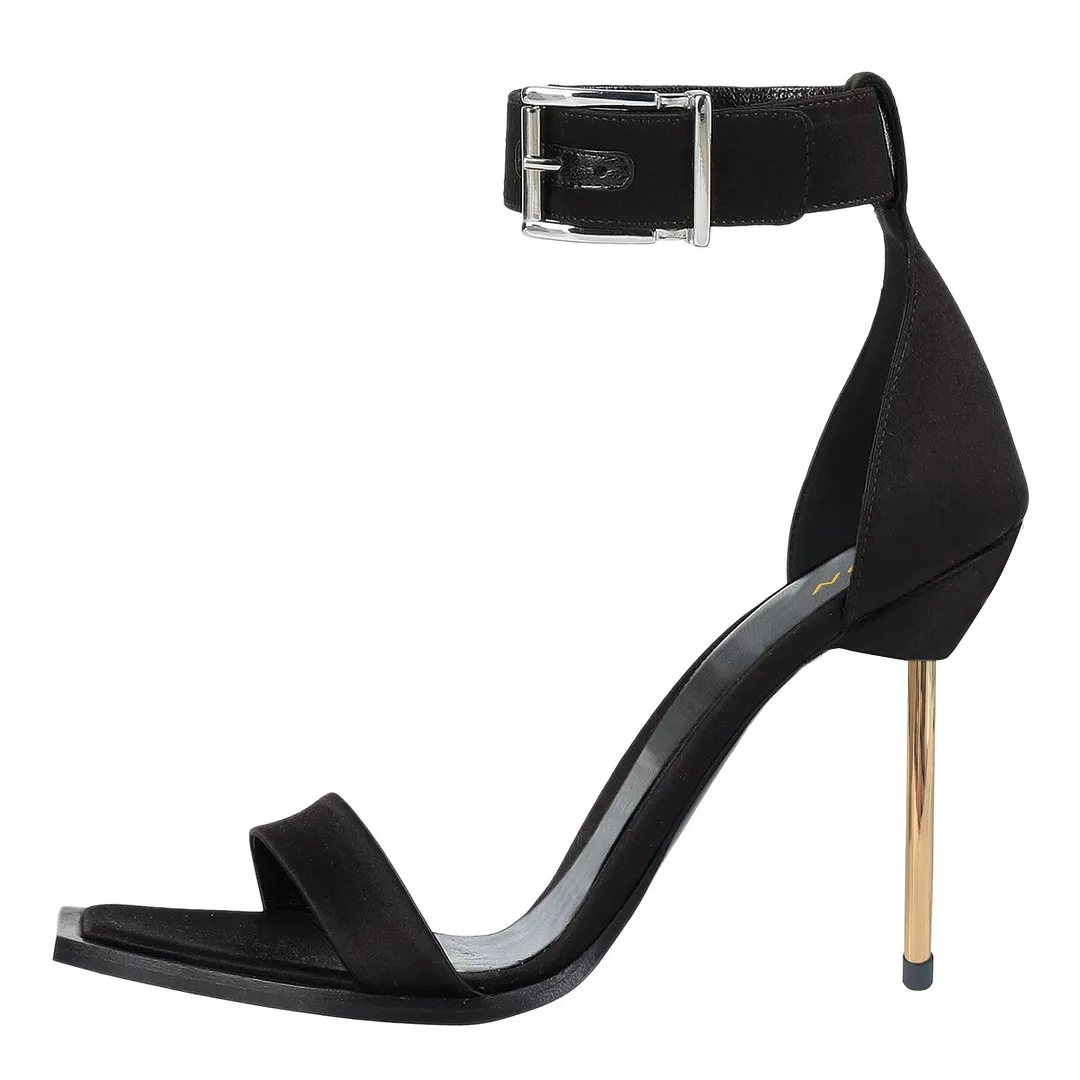 Black Satin Stiletto Heel Ankle Strap Dress Sandals for Women