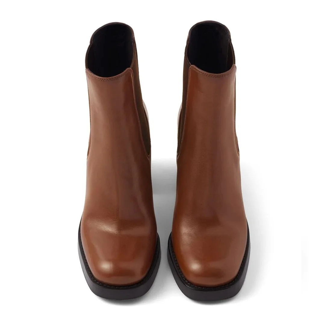 YDN Brown Square Toe Chunky Heel Chelsea Short Boots for Women