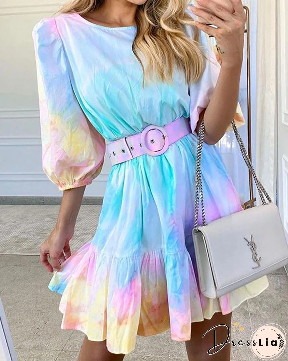 Tie Dye Print Puff Sleeve Round Neck Summer Dress