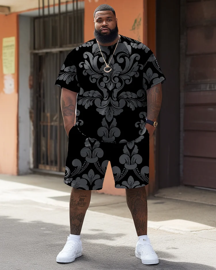 Men's Plus Size Dark Pattern Print T-shirt Shorts Suit