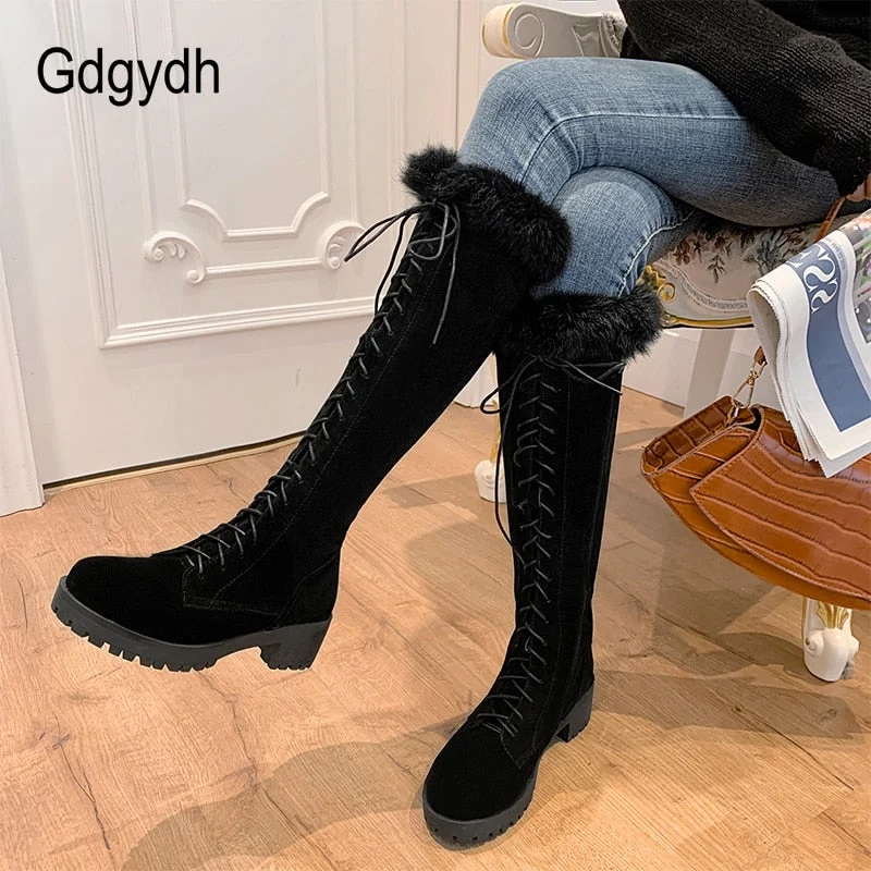 Gdgydh Fashion Rabbit Fur Snow Boots For Women Rubber Sole Knee High Boots Winter Warm Shoes Chunky Heel Faux Suede Plus Size