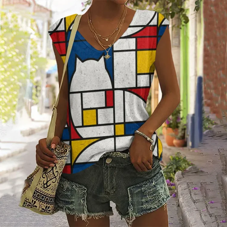 Abstract Creative Colorblock Geometric Abstract Cat Painting Art Sleeveless V-Neck Tank Top