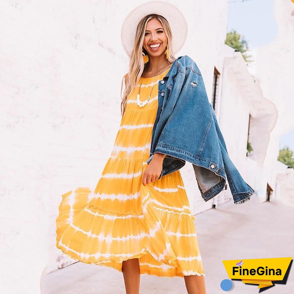 Beach Casual Yellow Tie-Dye Women Dress