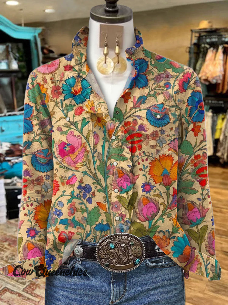 Women’s Flower Print Casual Long Sleeve Comfortable Cotton Shirt Multicolor / S