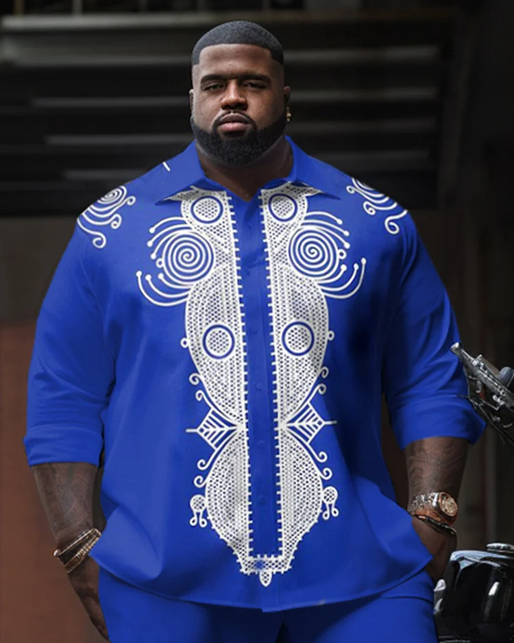 Men's Plus Size Ethnic Round Totem Long Sleeve Shirt Two-Piece Set