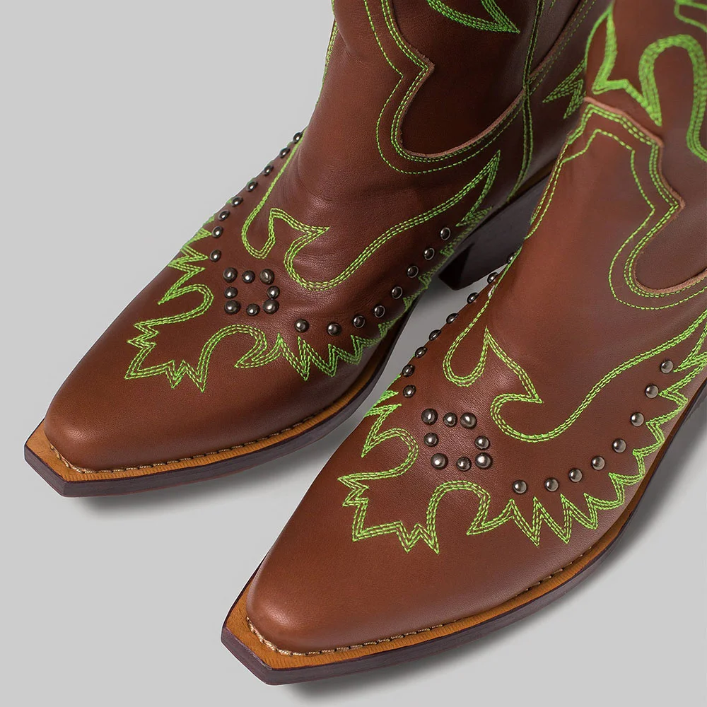 Brown Snip Toe Studded Green Embroidered Cowgirl Boots for Women