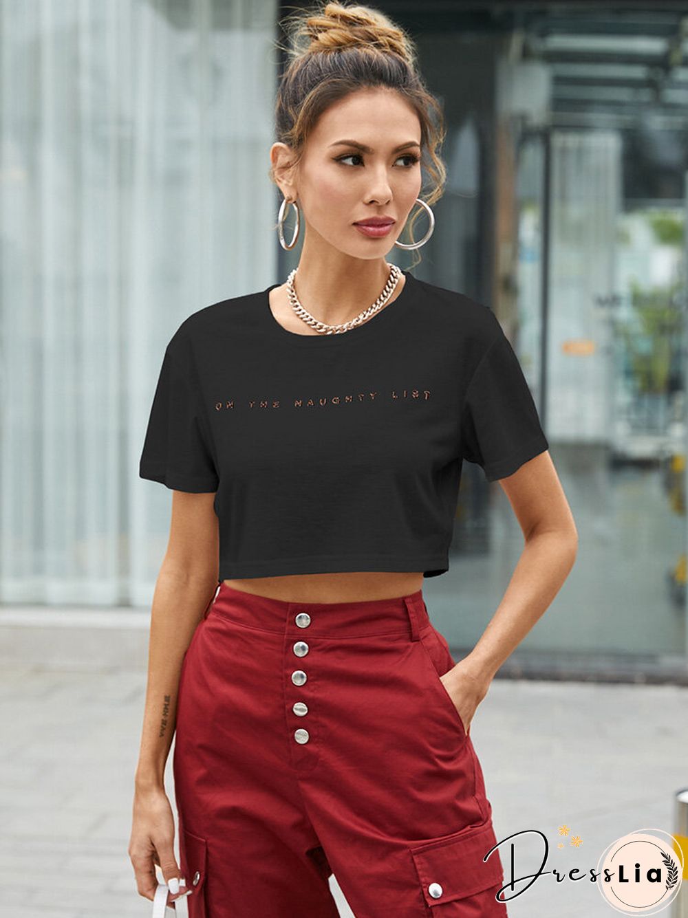Letters Print O-neck Short Sleeve Casual Crop Top for Women