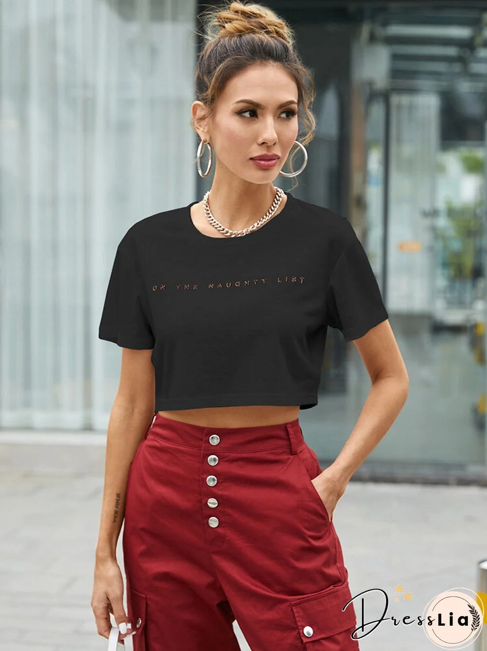 Letters Print O-neck Short Sleeve Casual Crop Top for Women