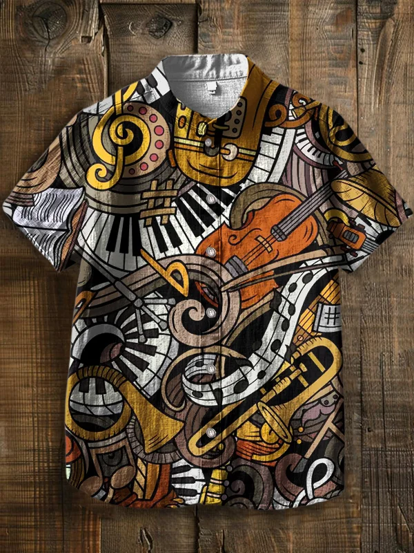 Men's Musical Instruments and Notes Abstract Art Print Short Sleeve Shirt