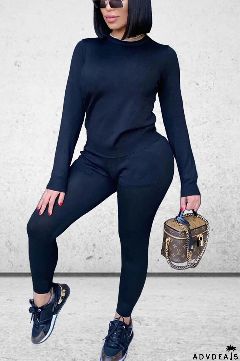 Royal blue Daily Solid Split Joint Pocket O Neck Long Sleeve Regular Sleeve Regular Two Pieces