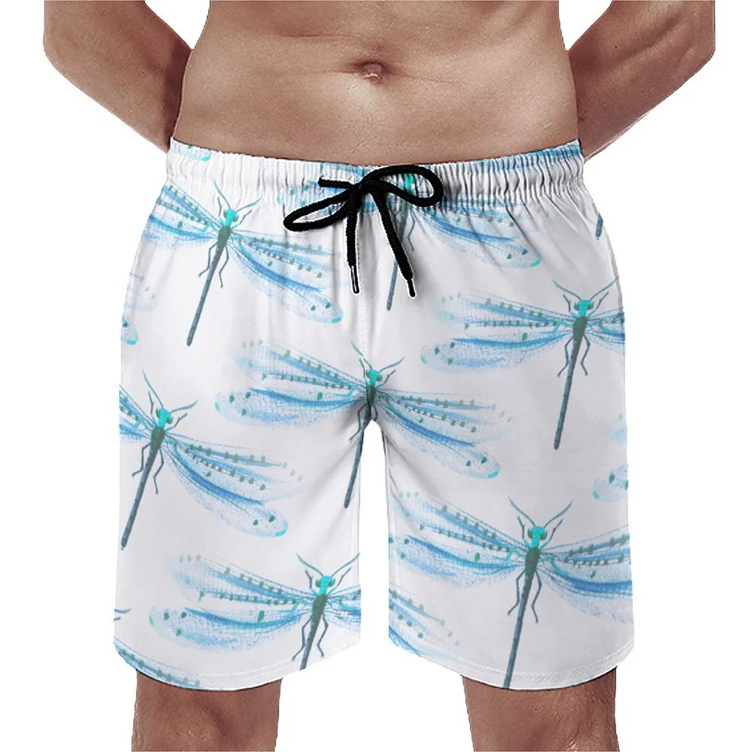 Antique Pretty Blue Damselfly Men's Swim Trunks Summer Board Shorts Quick Dry Beach Short with Pockets