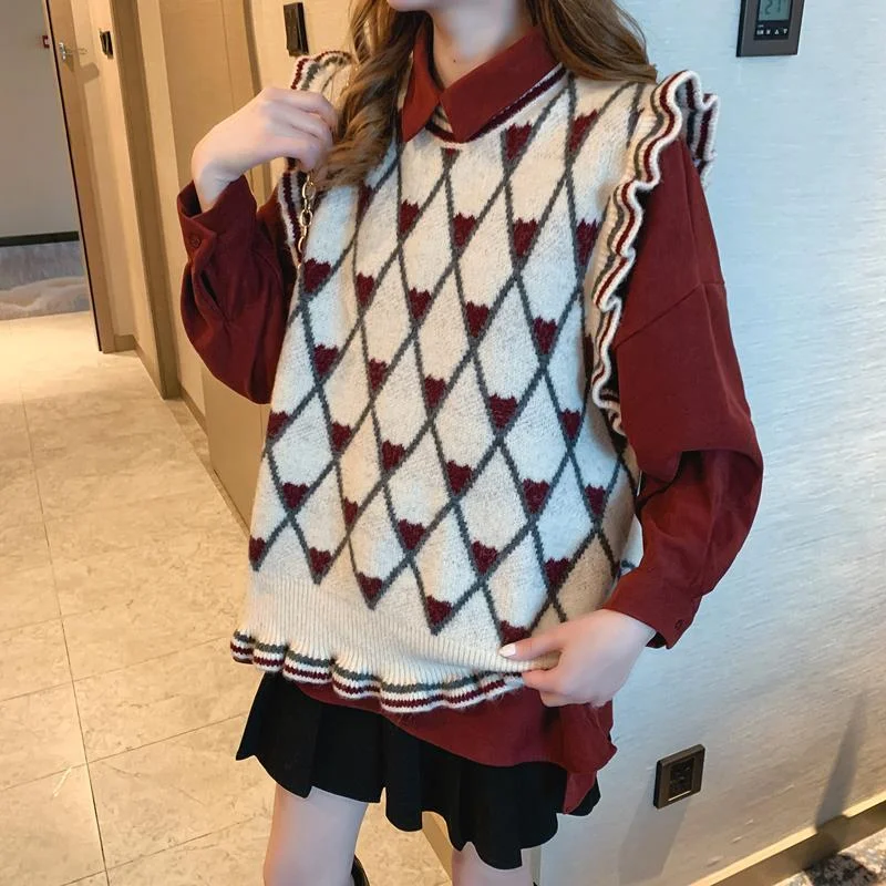 Sweater Vest Women Spring O-neck Argyle Ruffles Sleeveless Sweet Korean All-match Autumn Students Chic Waistcoat Knitted Female