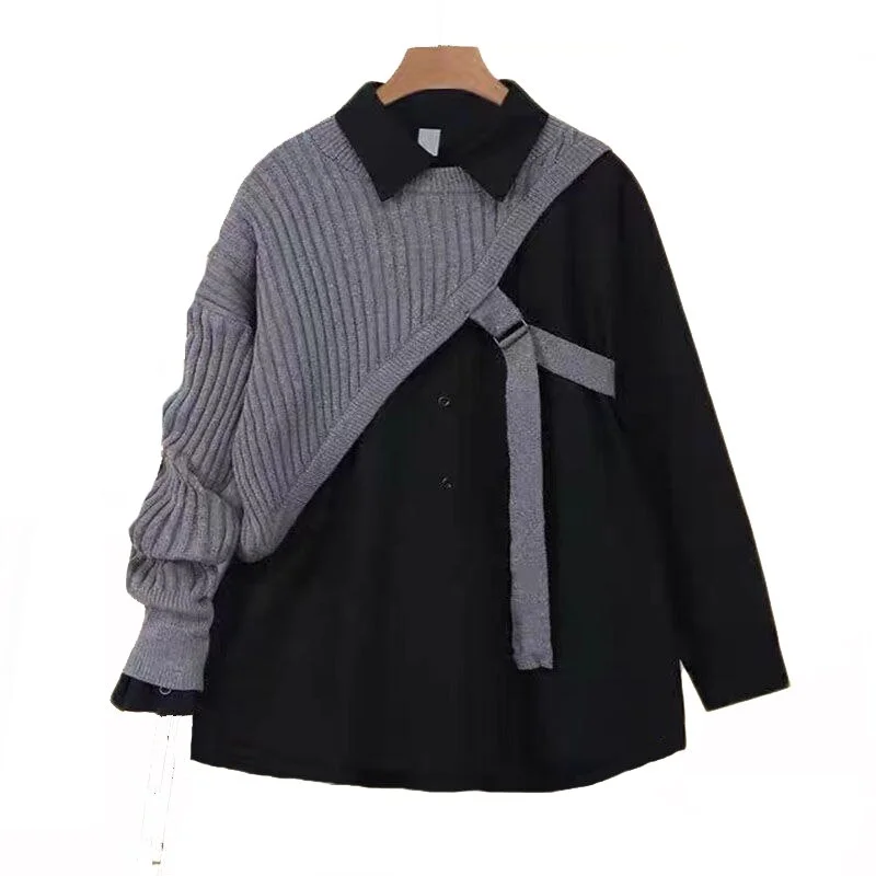 Woherb Autumn Female Loose long-sleeved shirt +knitted sweater+Chain Cargo Pants cashmere overalls three-piece Suit