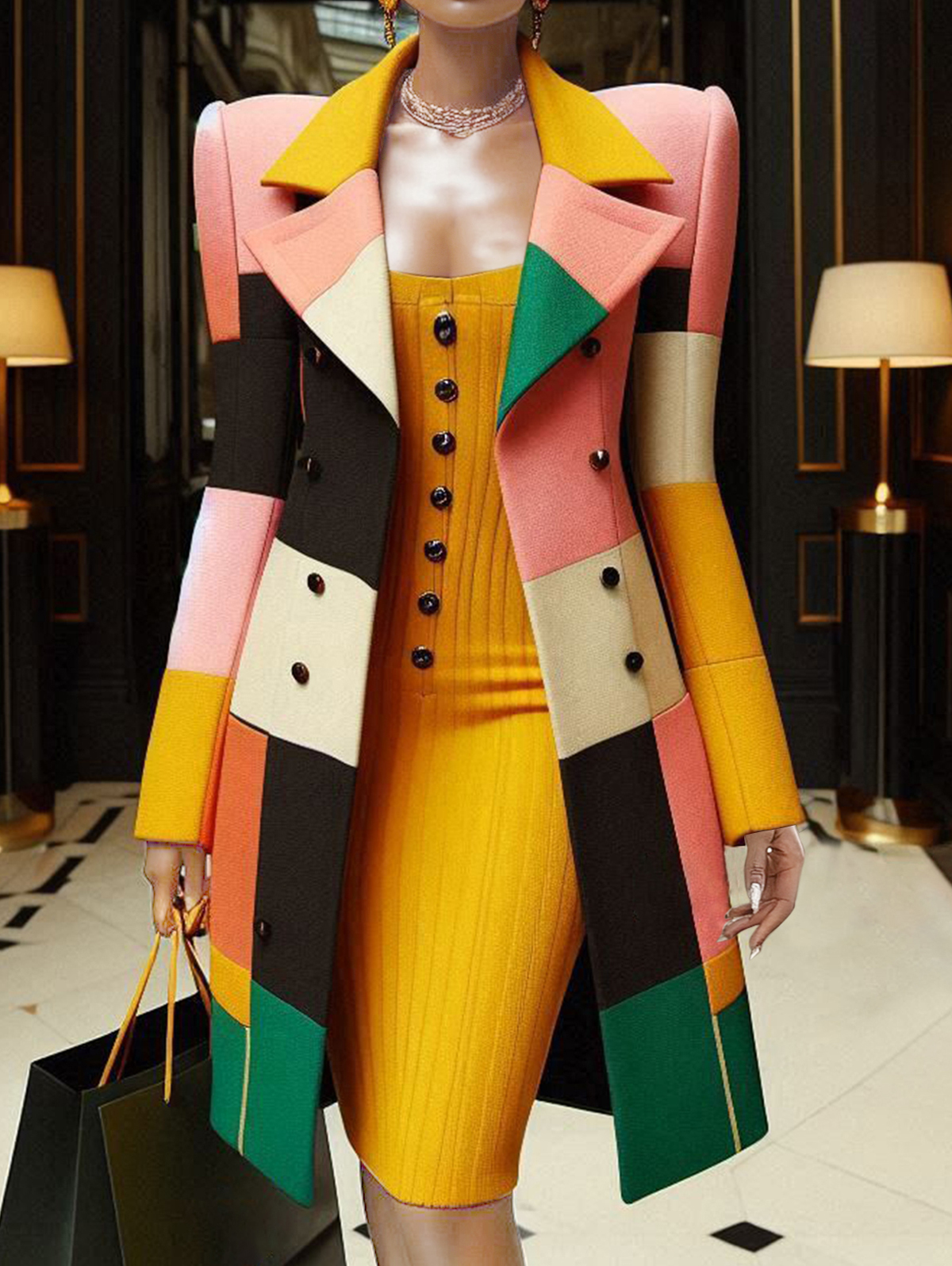 Fashion Notch Lapel Double Breasted Color Blocks Overcoat