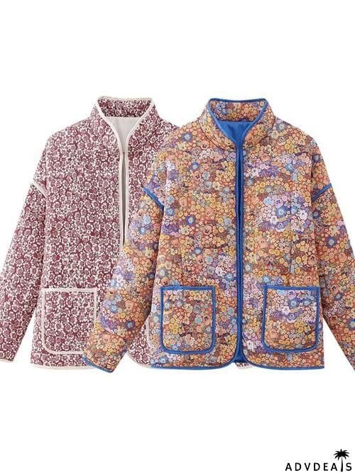 Floral Open Front Puffer Jacket with Pockets