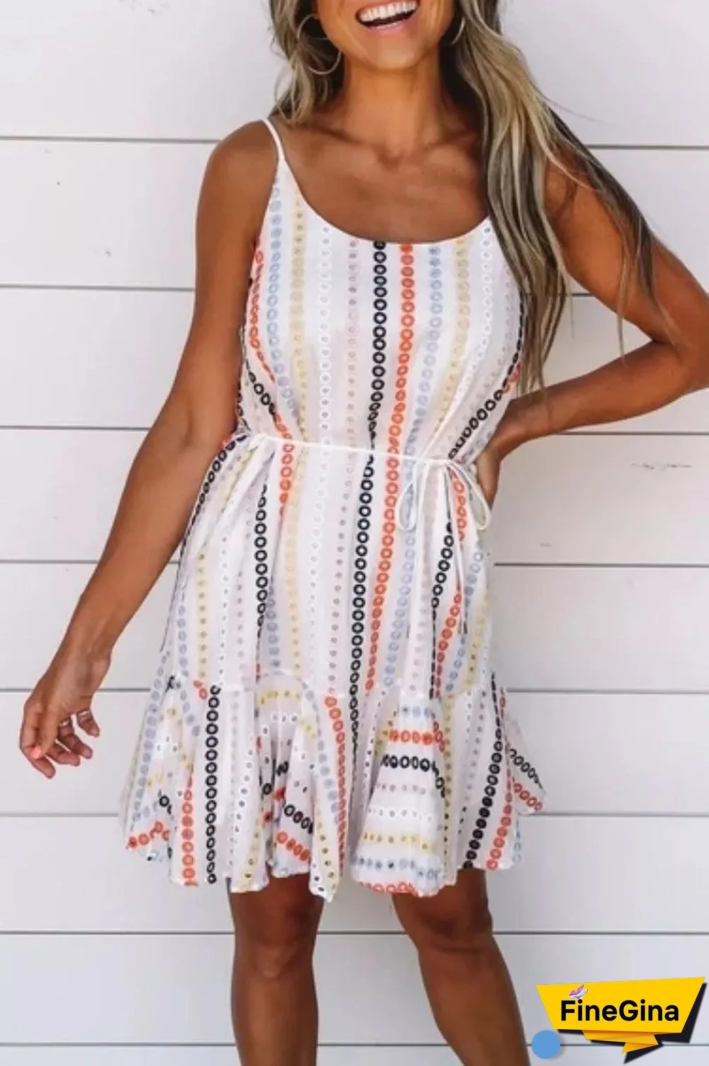 Spaghetti Strap Print White Knee Length Dress