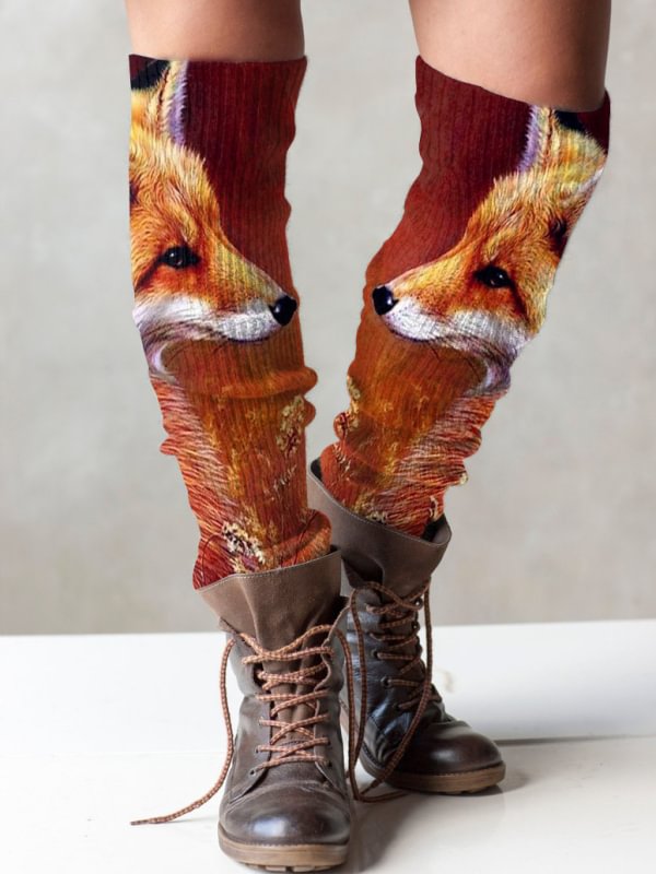Retro fox print knit boot cuffs leg warmers