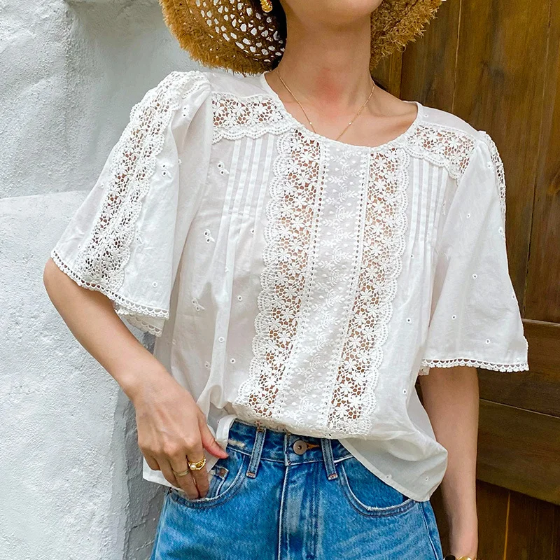 Uveng Uveng And Summer New French Embroidery Small Shirt Women's Holiday Style Shenzhen South Oil Women's White Cotton Tops Women's Sleeves