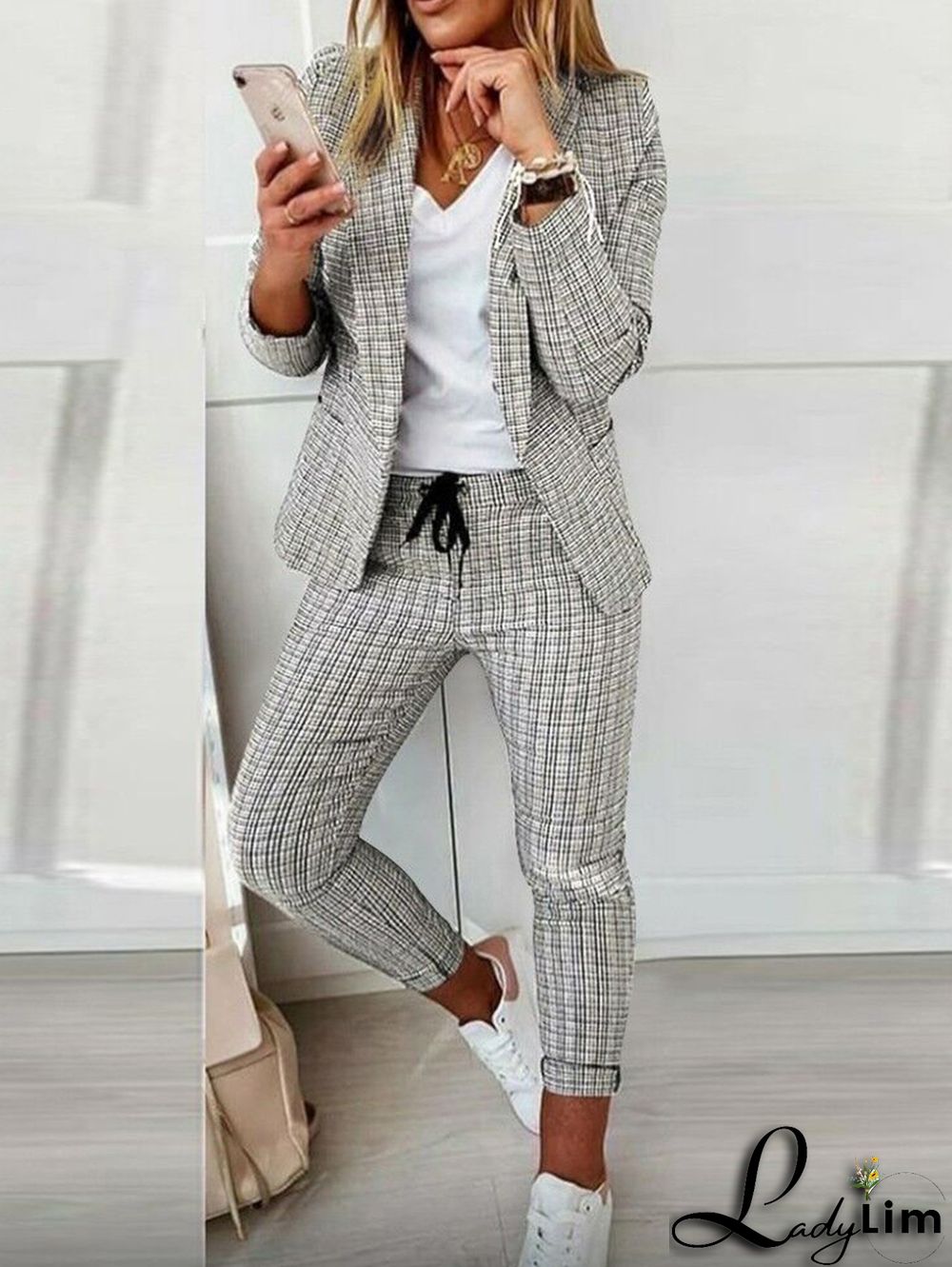 Casual Colorblock Allover Pattern Blazer & Pants 2 Pcs Set