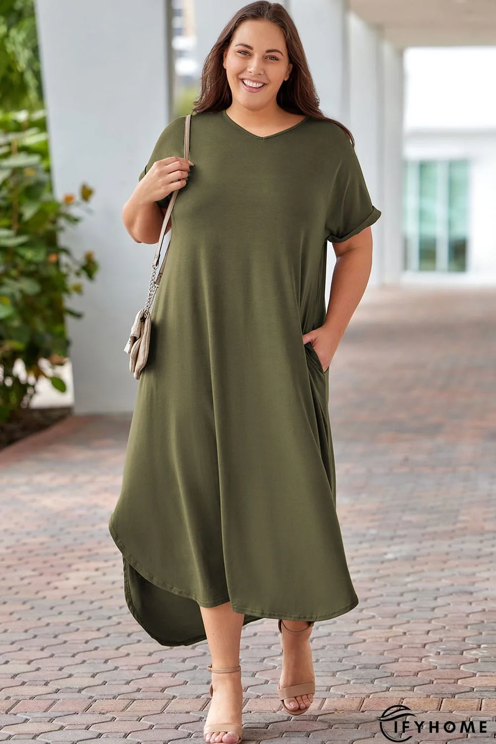 Green Plus Size V Neck Rolled Cuffs Maxi Dress | IFYHOME