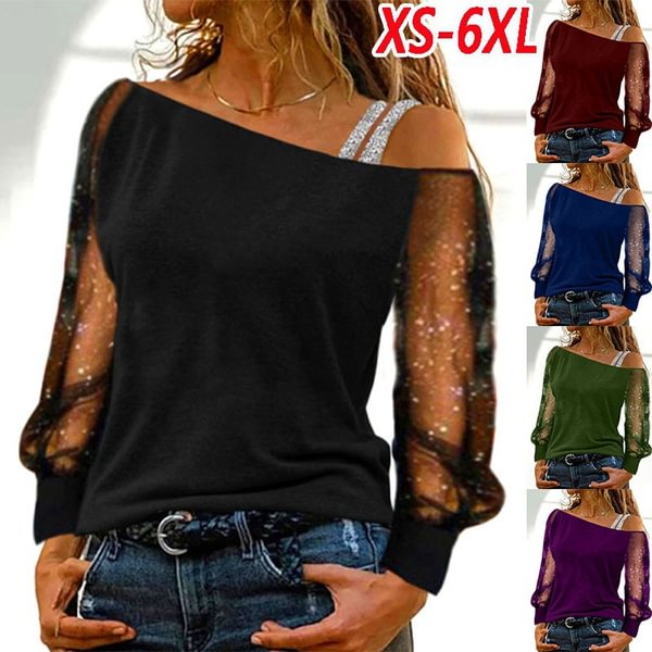 XS-6XL Womens Fashion Clothing Casual Spring Summer Tops for Women Long Sleeved Net Yarn Patchwork Blouse Ladies Solid Color T-shirt Plus Size Off Shoulder Shirts - Shop Trendy Women's Fashion | TeeYours
