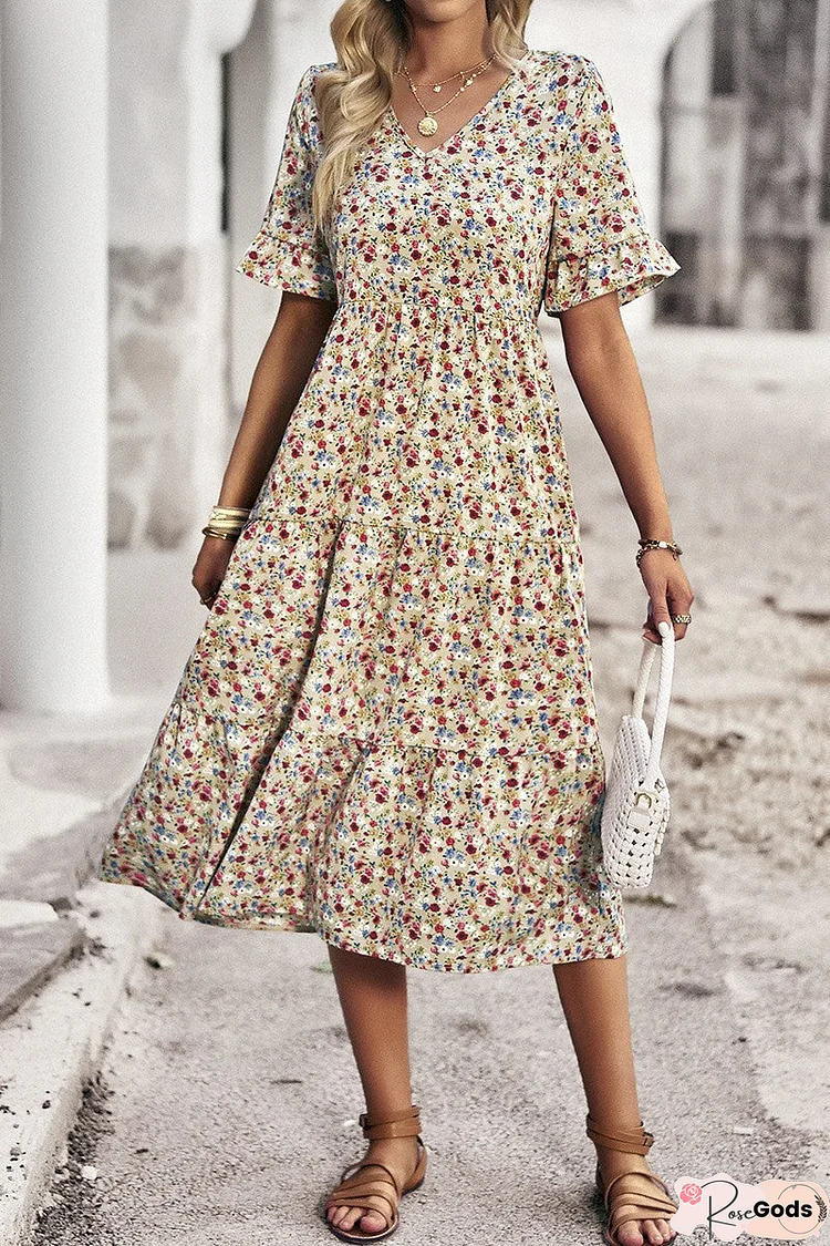 Floral Print Fit Ruffle Sleeve Midi Dress