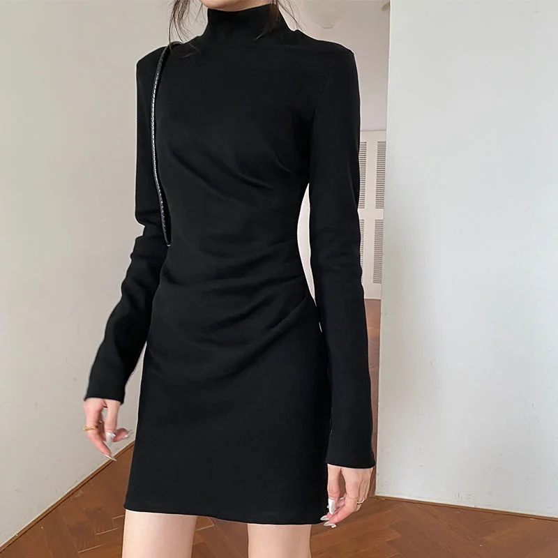 Tanguoant Sleeve Dress Women Turtleneck Pleated Mini Dresses Slim Stretchy Solid Simple Fashion All-match Winter Fall Elegant Casual