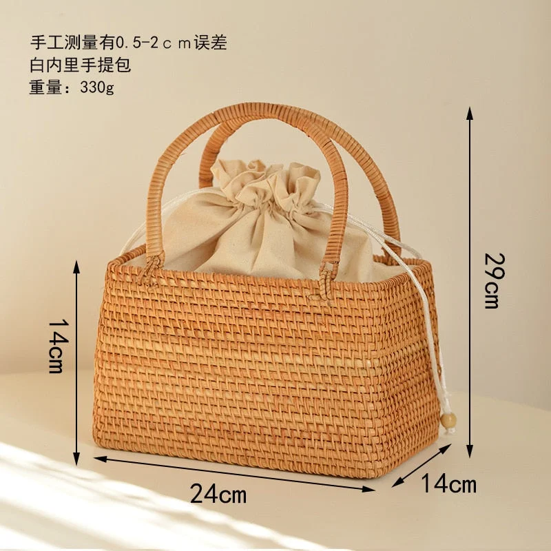 Vintage Hand Basket for Picnic Travel Hand Woven Rattan Handbag Semicircular Contrast Stitching Lace Up Inner Pocket Handmade