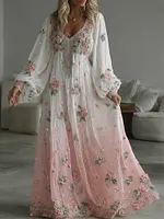 Women's Vintage Pink Floral Embroidery Linen Blend V-neck Dress
