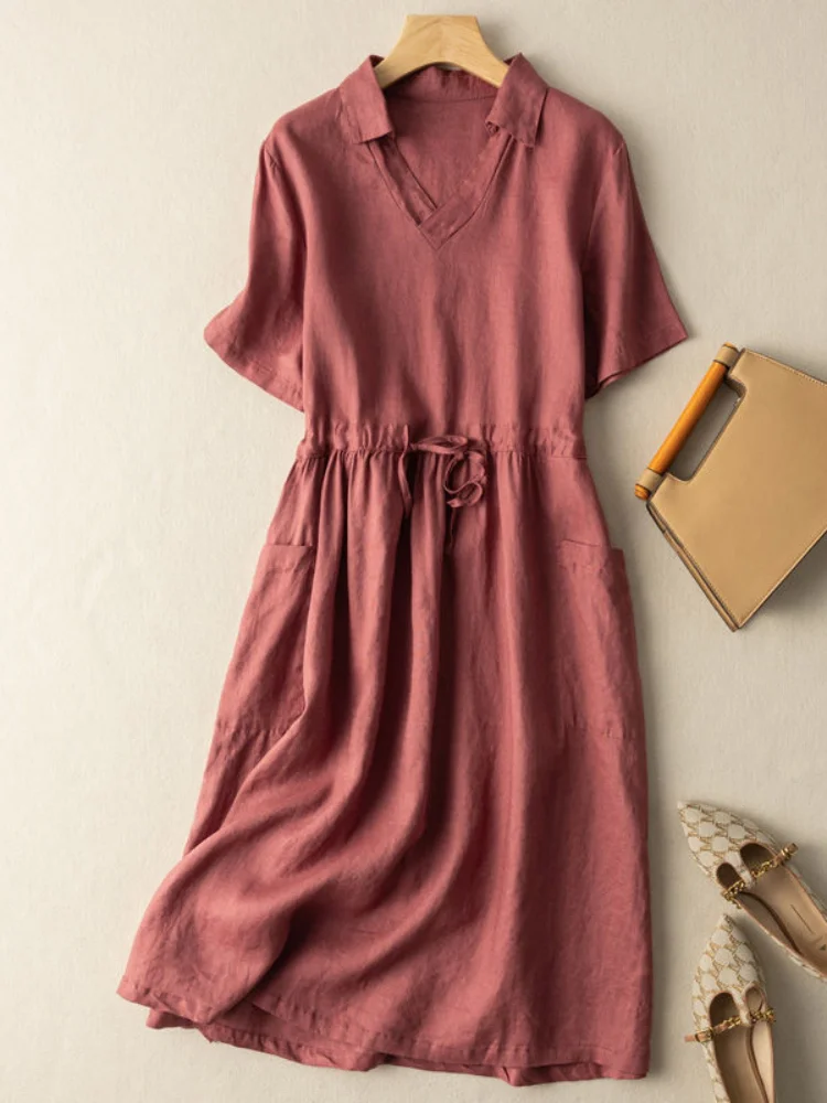 Pongl Summer Short Sleeve Dresses Loose V-Neck Knee-Length Fashion Sexy Dress Solid Color Leisure Cotton Linen Vintage Dress