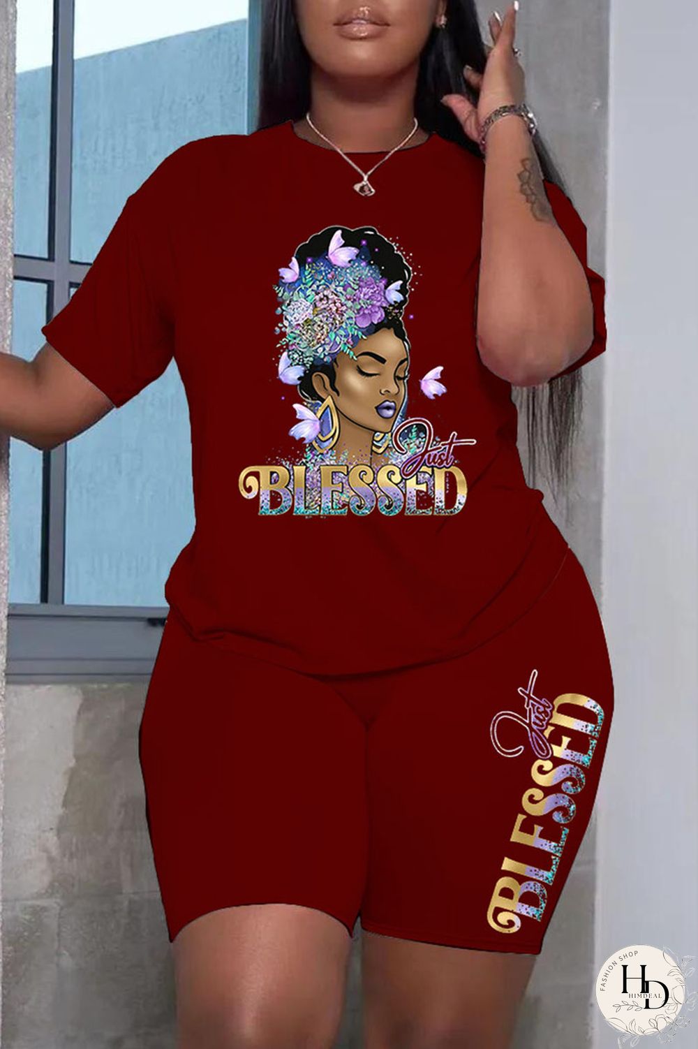 Grey Fashion Casual Print Patchwork O Neck Short Sleeve Plus Size Two Pieces