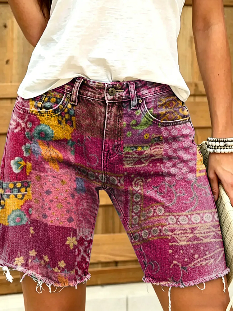 Women's Boho Patchwork Floral Print Frayed Hem Denim Bermuda Shorts