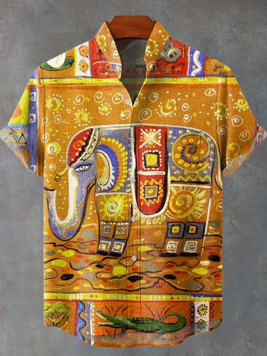 Vintage Tropical Ethnic Decorative Elephant Painting Art Print Casual 100% Cotton Shirt