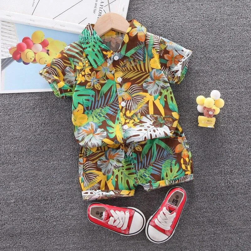 Baby Flower Print Clothes Boys Beach Set 1 2 3 4 Years Children Outfit Fashion Kids Thin Shirt + Shorts 2 PCS Costume 2 Colors