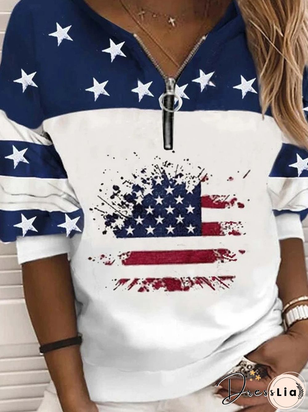 Casual Hippie Stars Zipper Flag Printed Round Neck Sweatshirts