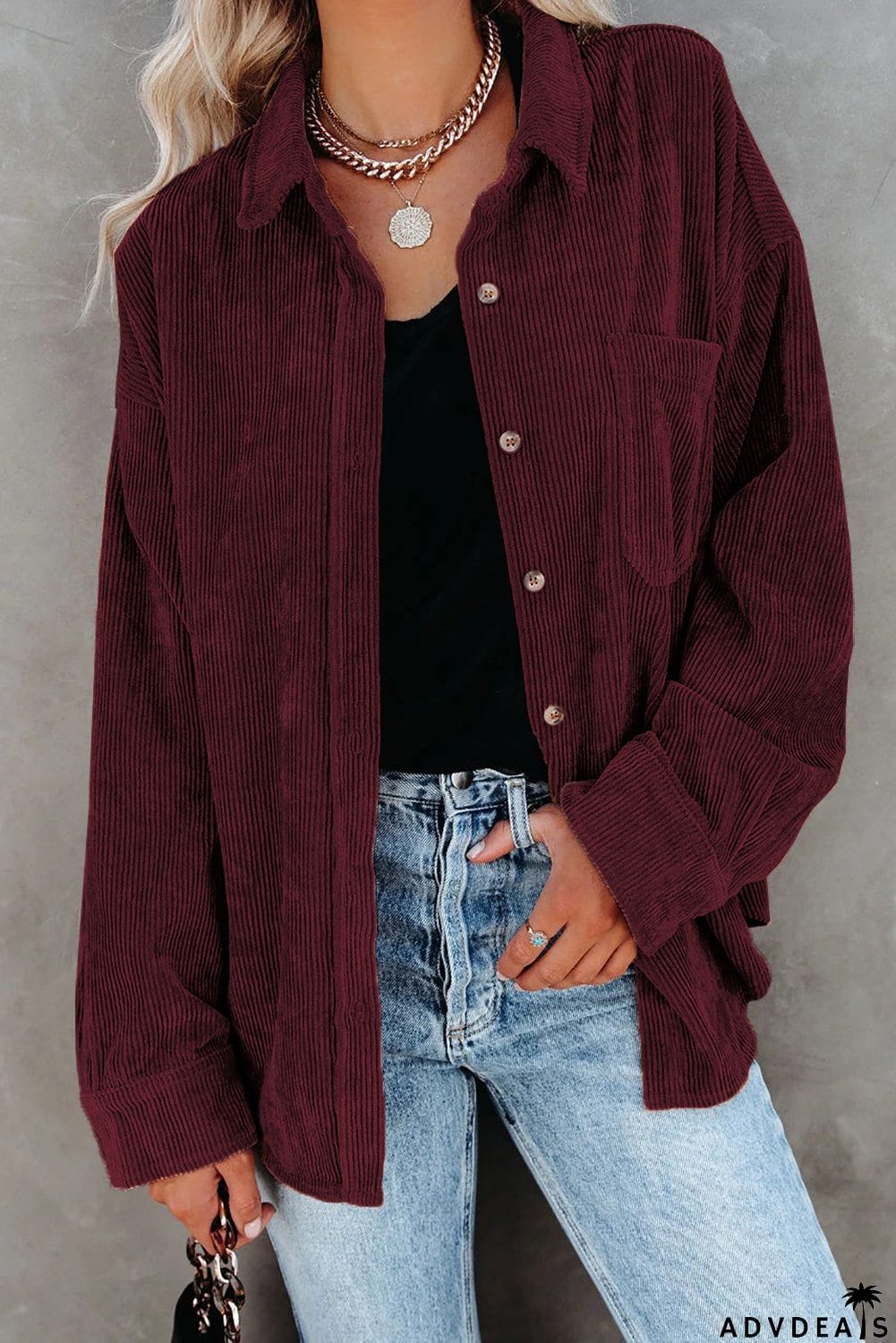 Wine Red Corduroy Button Pocket Shirt