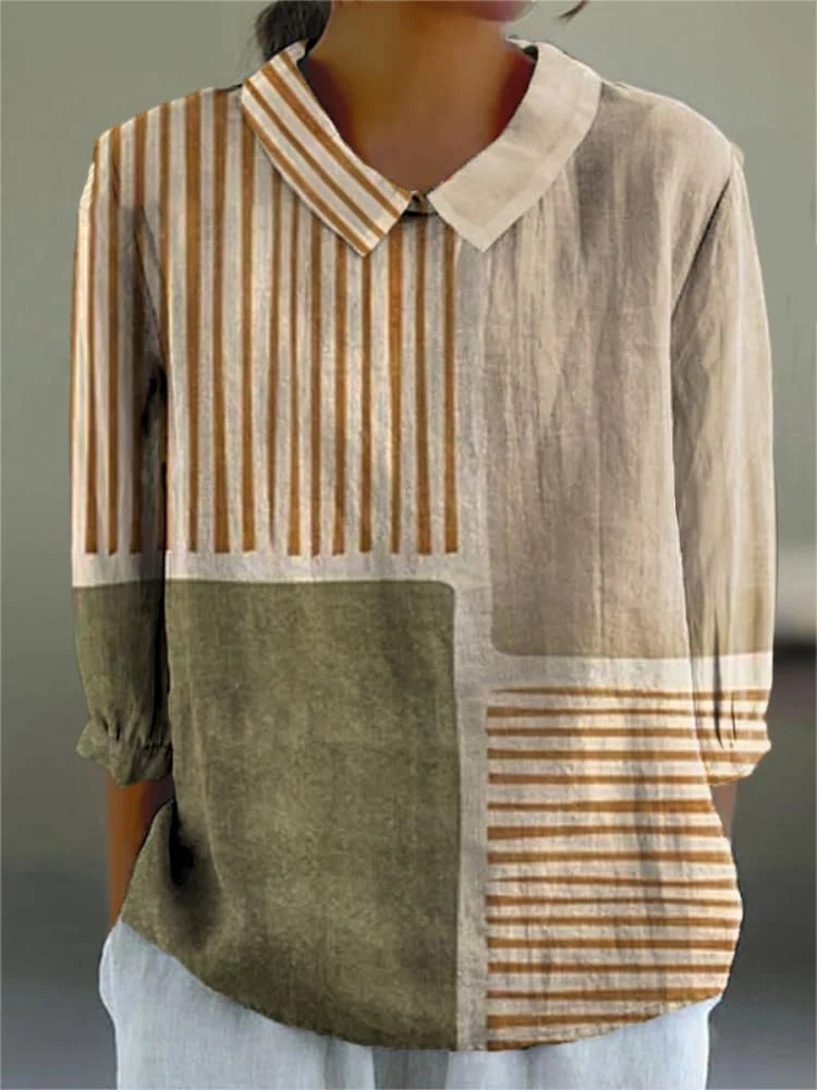 Womens Elegant  Artistic Line And Color Blocks Cotton And Linen Top
