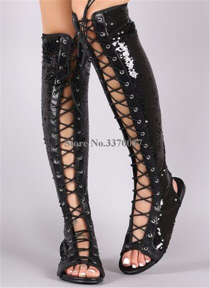 VCSHOES Women Shining Peep Toe Bling Sequined Knee High Flat Gladiator Boots Cut-out Blue Gold Silver Black Long Boots