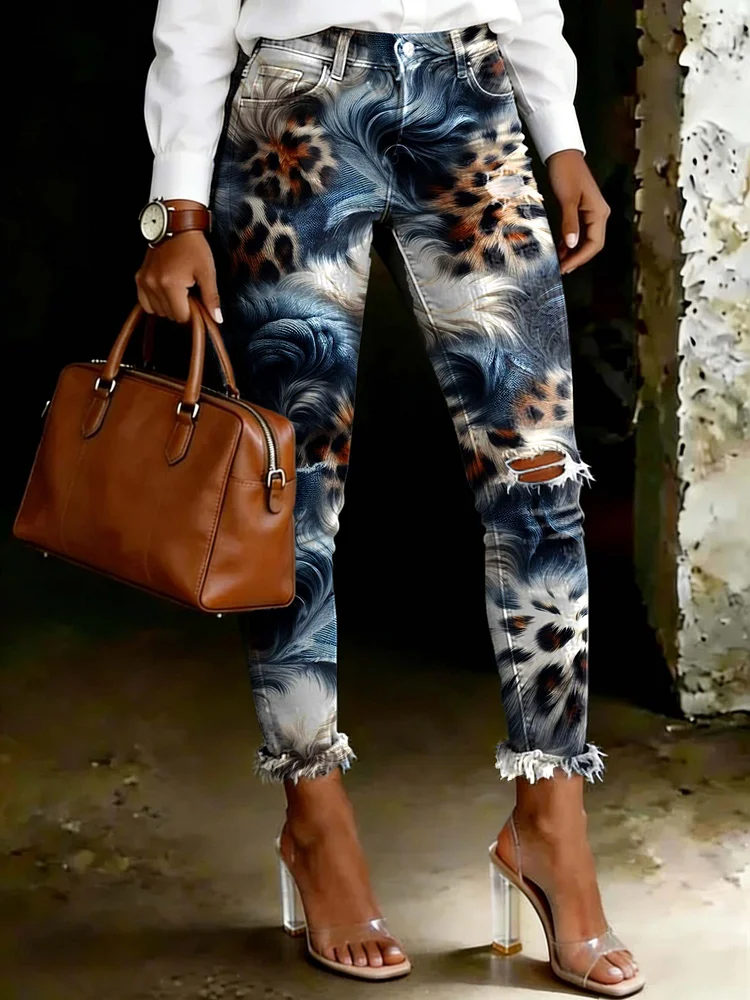 Women's Vintage Leopard Print Art Ripped Skinny Jeans