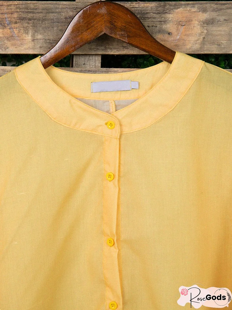 Yellow Floral Casual Cotton-Blend Tops