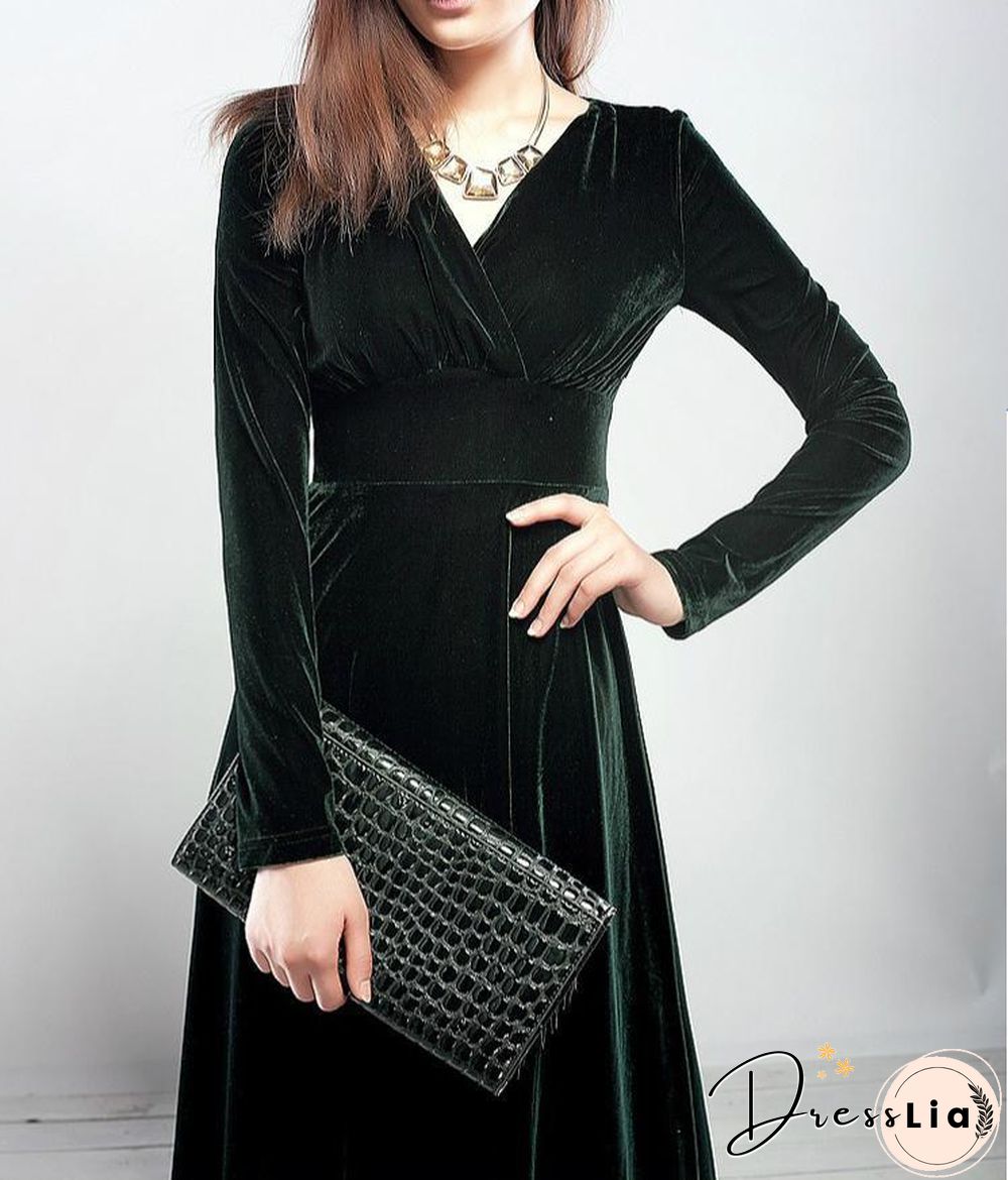 Women's Velvet Plus Size Solid Colored High Waist V Neck Party Dress