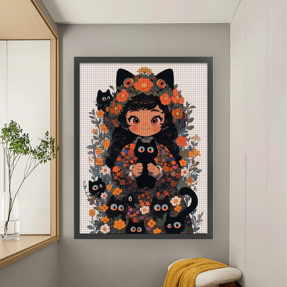 11CT Full Stamped Cross Stitch - Black Cat and Girl(Canvas|45*60CM)