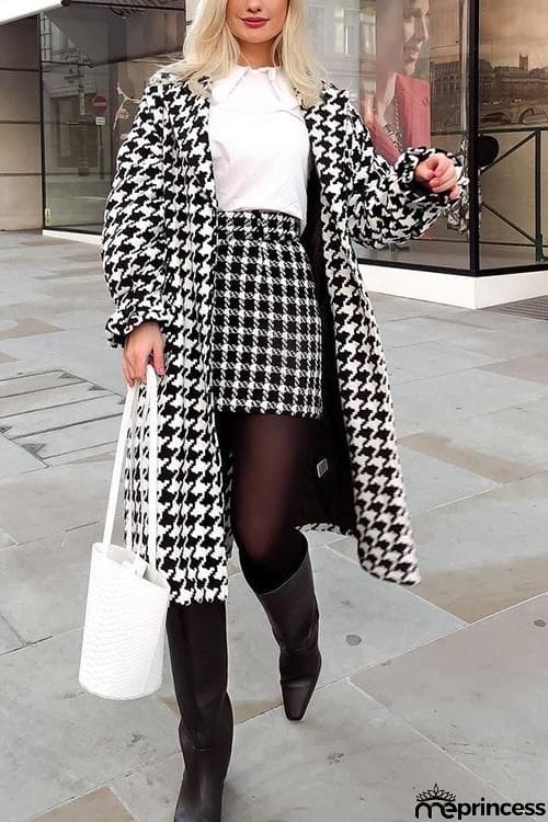 Houndstooth Lapel Woolen Coat