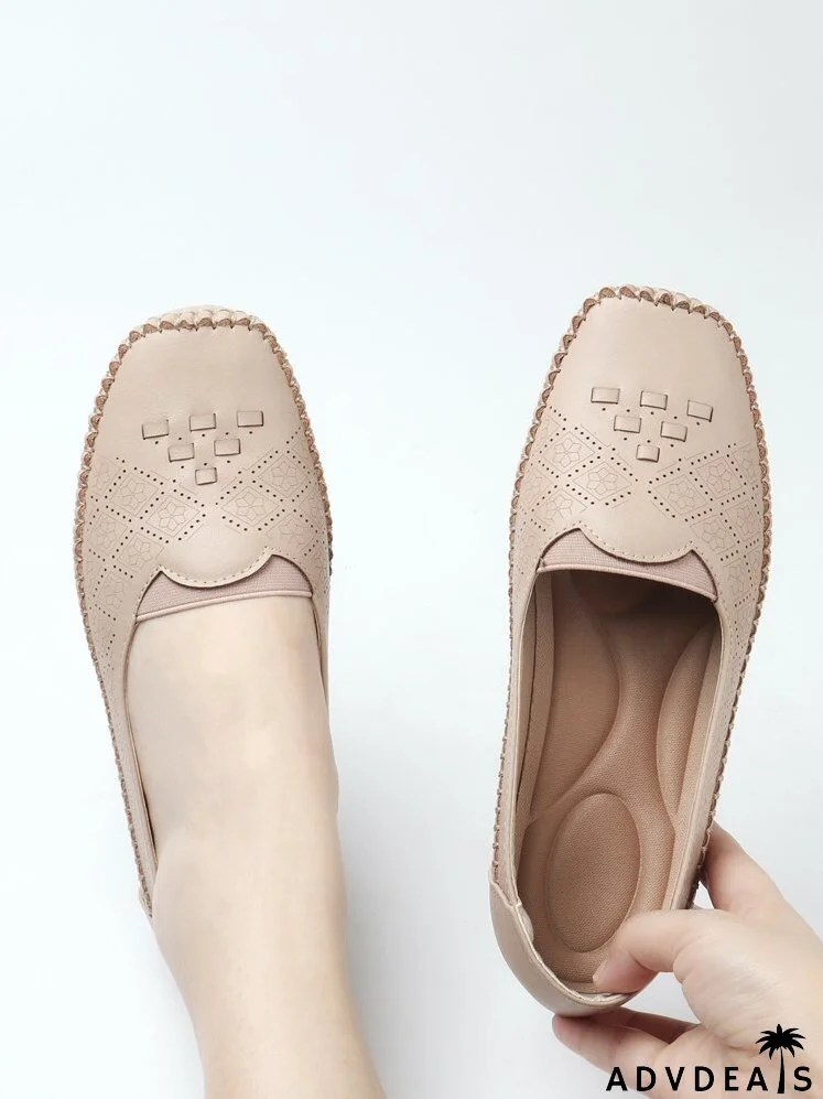 Perforated & Stitch Detail Square Toe Flats