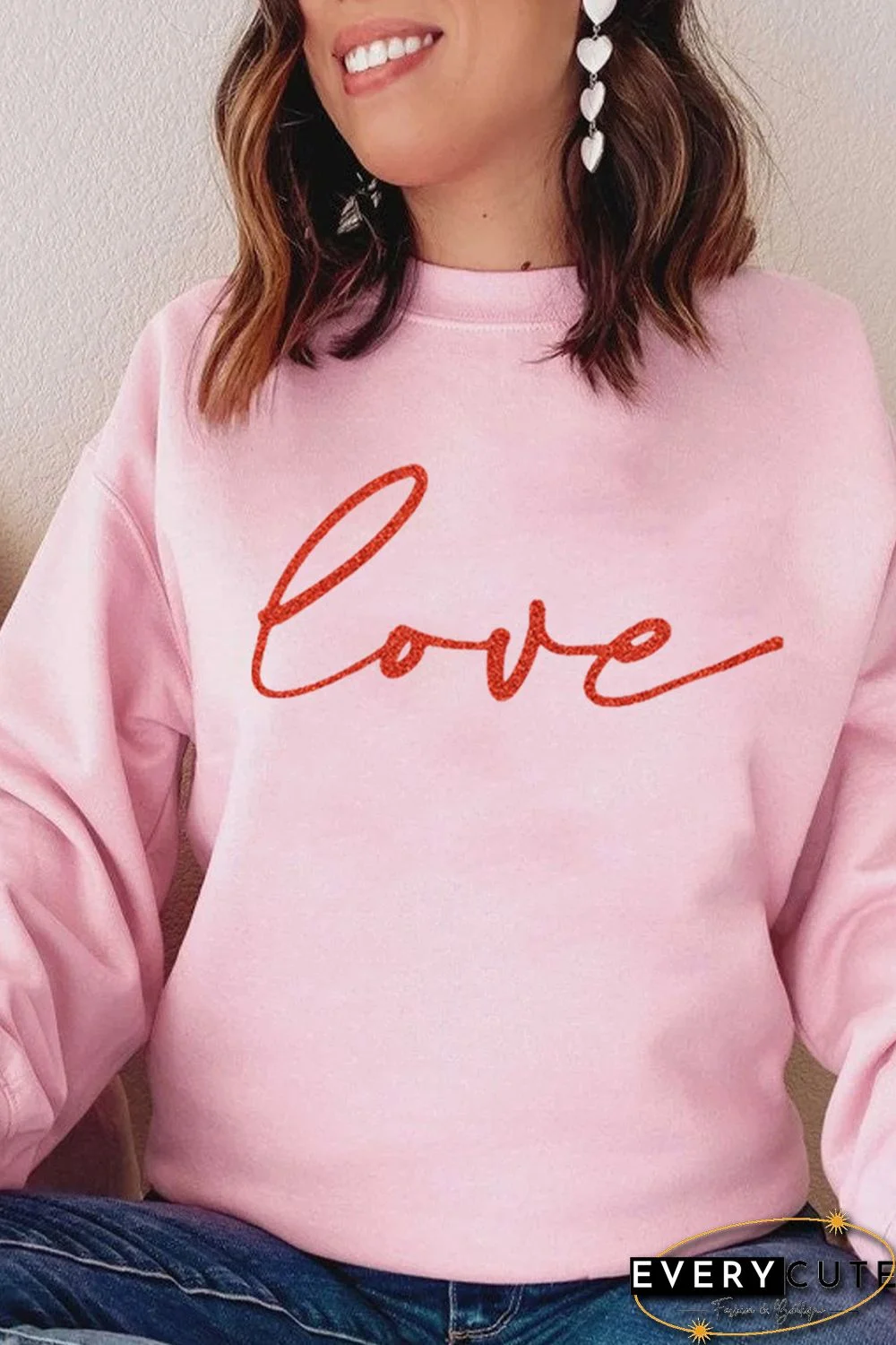 Pink Love Glitter Pattern Print Crew Neck Sweatshirt